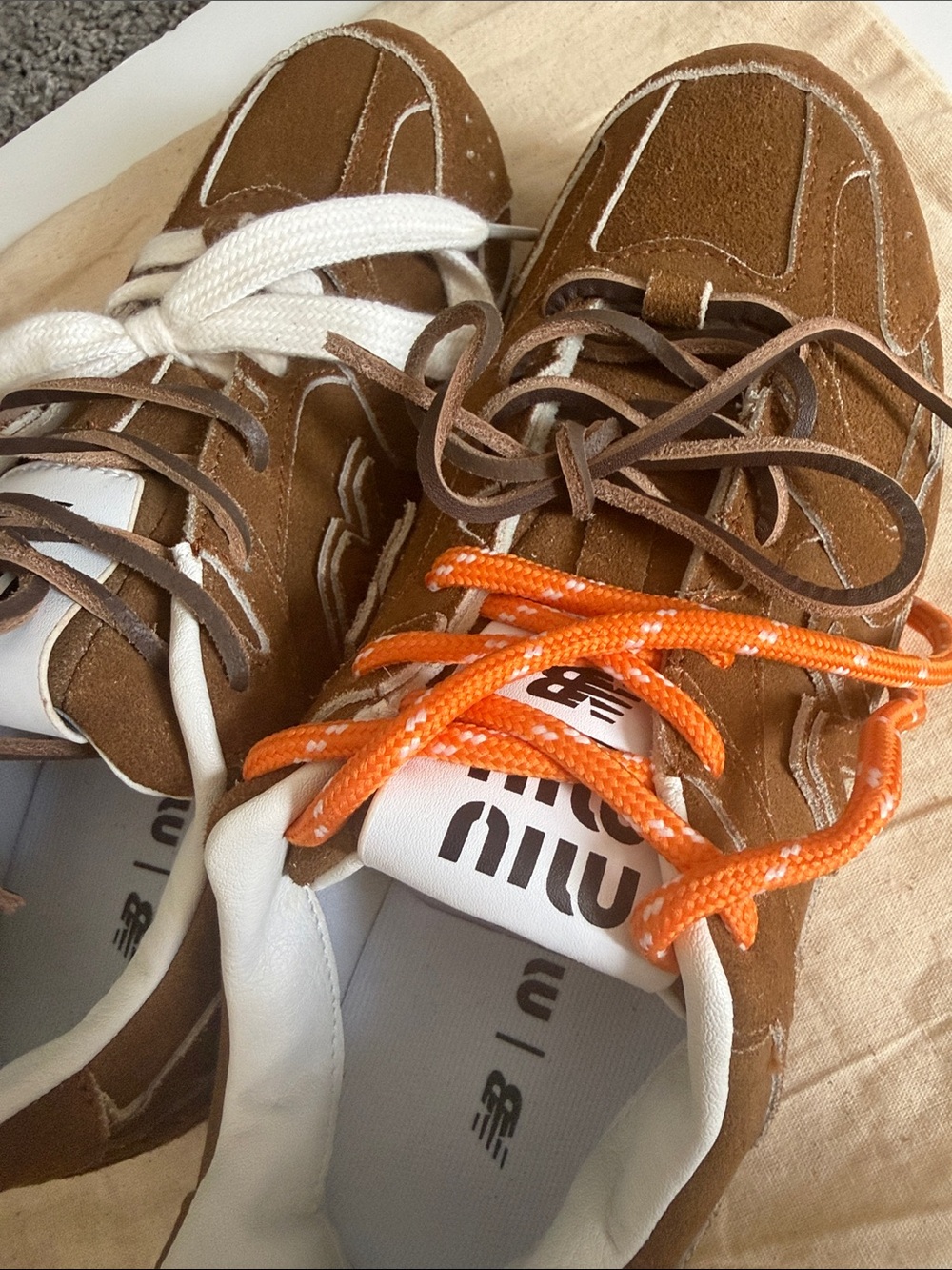 New Balance Brown Suede Sneakers with Orange and White Laces - Picture 4 of 7